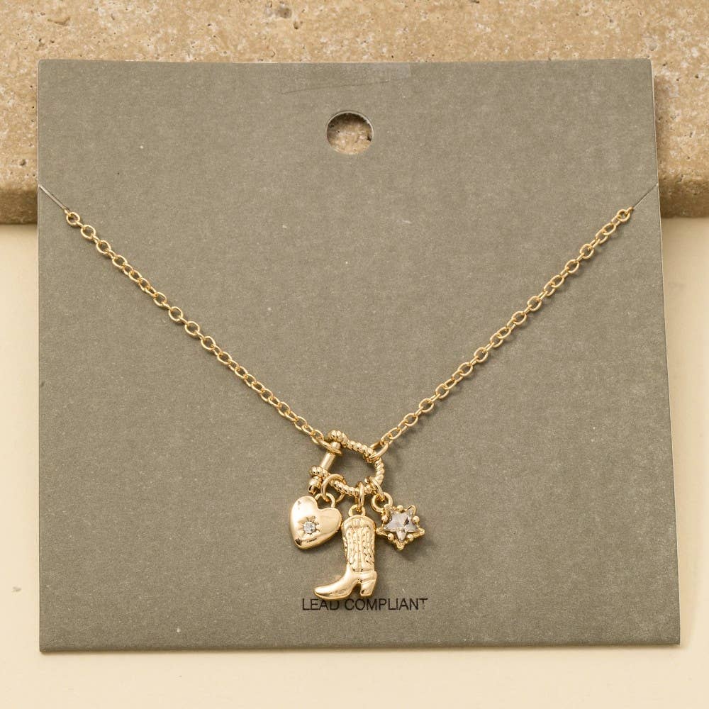 Western Cowboy Boot And Heart Charms Chain Necklace - Gold