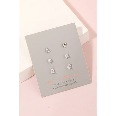 Sterling Silver Mismatched Stud Earrings Set - Silver