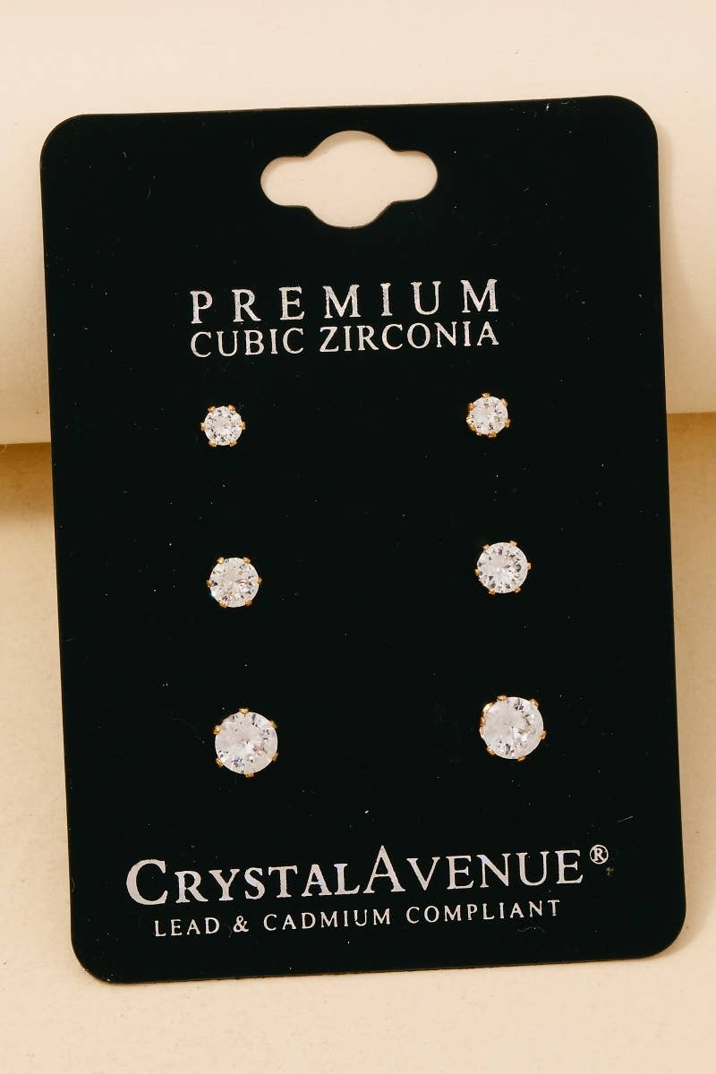 3Pc Small Cubic Zirconia Circle Stud Earrings Set - Gold