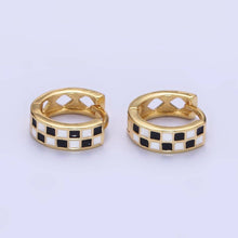 24K Gold Filled 13mm Checkered Enamel Huggie Cartilage Earrings