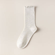 Vertical Stripes Thin Solid Ruffle Crew Socks - Cream