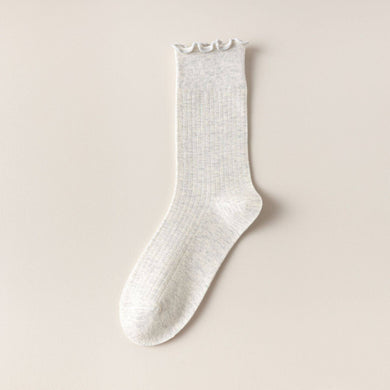 Vertical Stripes Thin Solid Ruffle Crew Socks - Grey