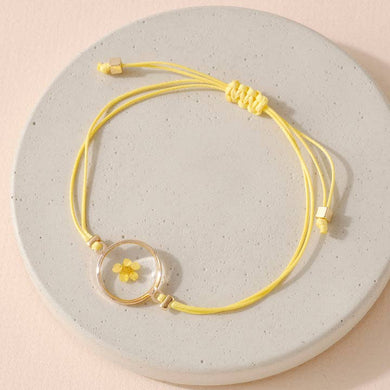 Pressed Flower Waxed Cord Adjustable Pull Tie Bracelet: Yellow