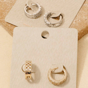 Rhinestone Checkered Hinge Hoop Earrings - Silver
