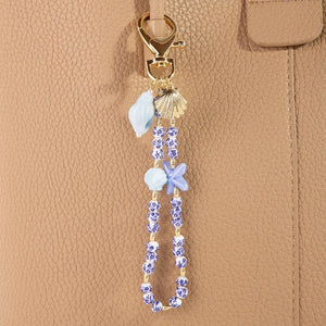 Blue Sea Shells And Floral Ceramic Beaded Bag Chain - Gold/Blue