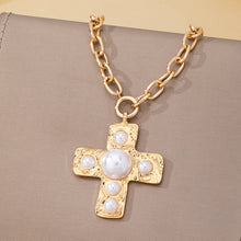 Hammered Cross Pearl Necklace