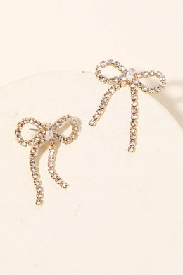 Elegant Rhinestone Ribbon Bow Earrings - Gold