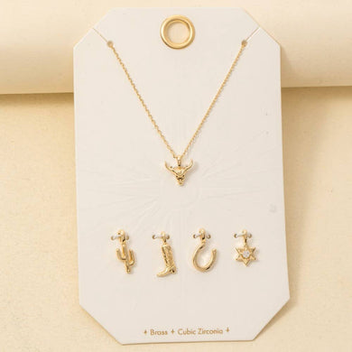 Western Bull Head Swappable Pendant Necklace - Gold