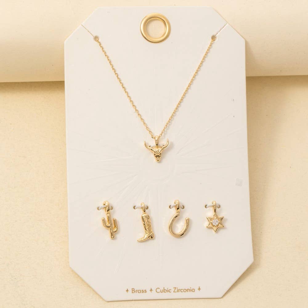 Western Bull Head Swappable Pendant Necklace - Gold