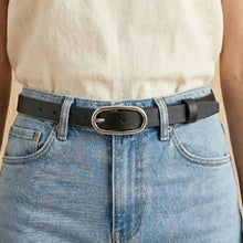 Long Oval Buckle Leather Belt - Silver/Black