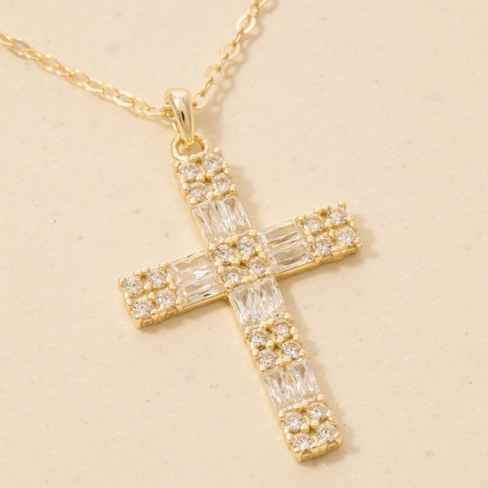 Sterling Silver Cz Pave Cross Pendant Necklace - Gold