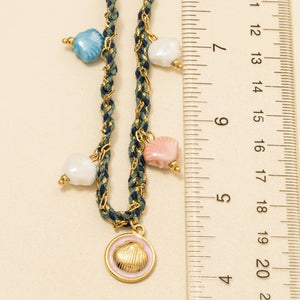 Stainless Steel Clam Shell Coin And Epoxy Charms Braided Necklace