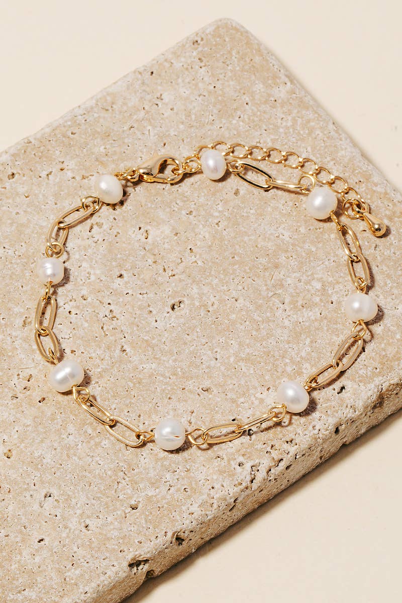 Pearl Station Beaded Chain Bracelet - Gold