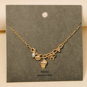 Pearl Cz And Shell Charms Chain Necklace - Gold