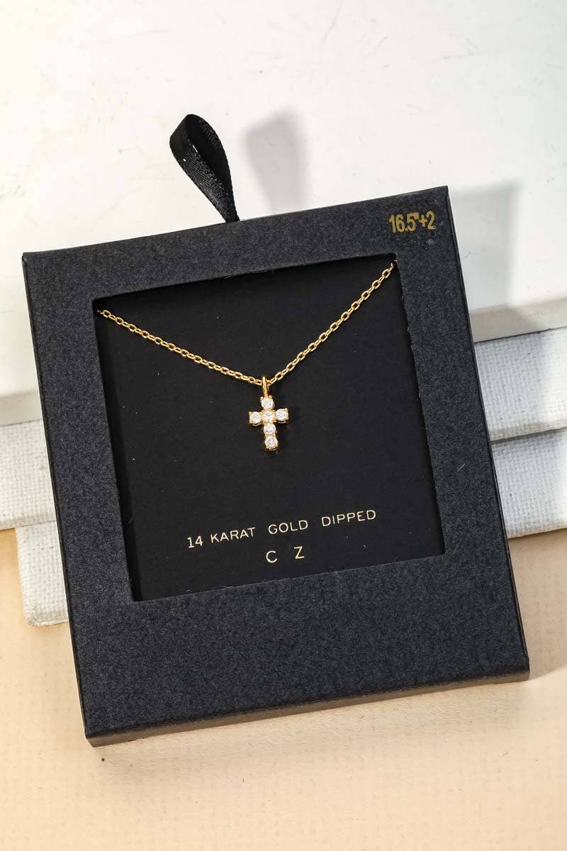 Secret Box Cz Mini Cross Charm Necklace - Gold