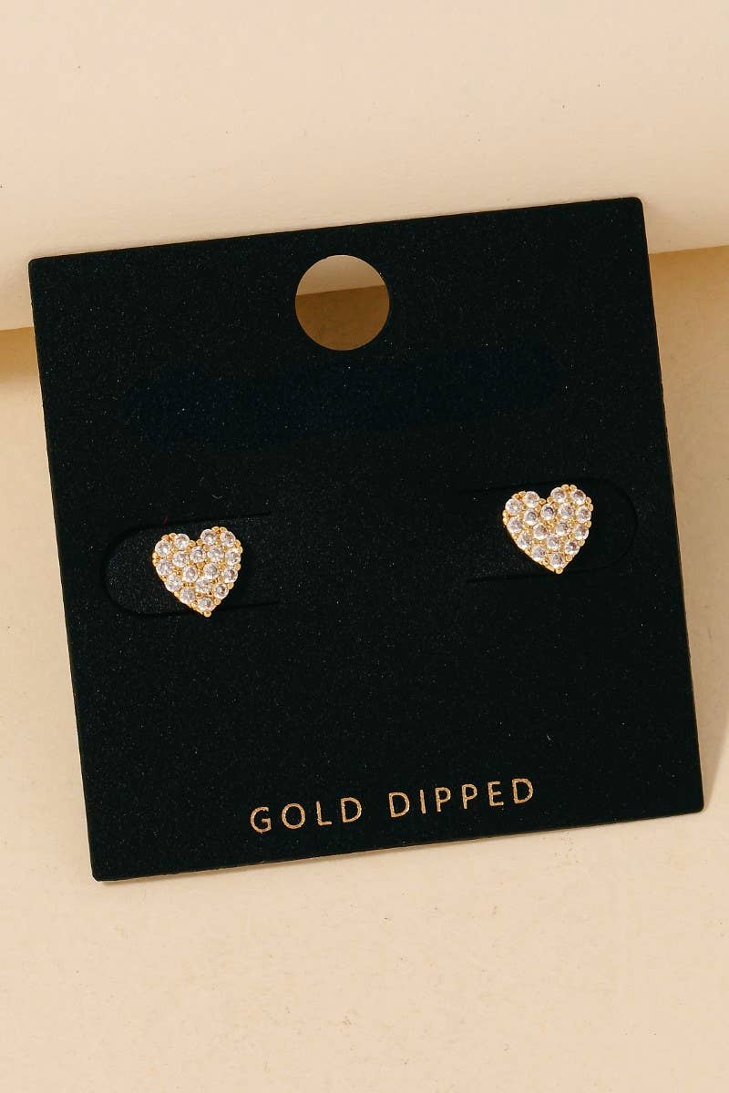 Gold Dipped Cz Pave Heart Stud Earrings - Gold