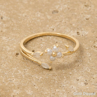 Gold Dipped Cz Floral Pearl Open Ring - Gold