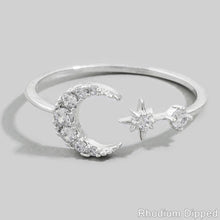 Cz Open Band Crescent Moon Star Ring - Silver