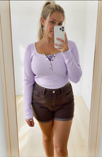 FINAL SALE Payton Peekaboo-Lace Long Sleeve Ribbed Henley - Pastel Purple