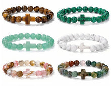 Boho Natural Stone Cross Charm Beaded Bracelet - Jade