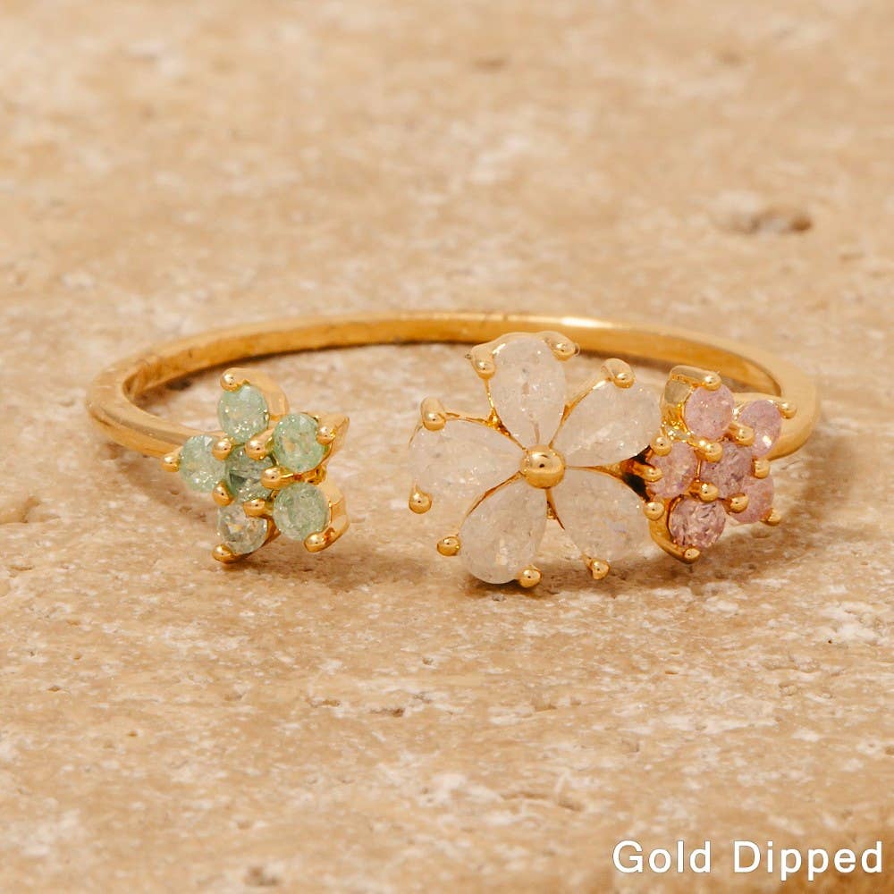 Gold Dipped Cz Flowers Open Band  Ring - Gold