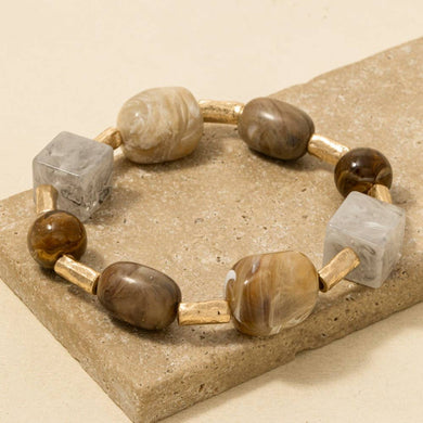 Acrylic Stones And Metallic Tube Beaded Bracelet - Brown