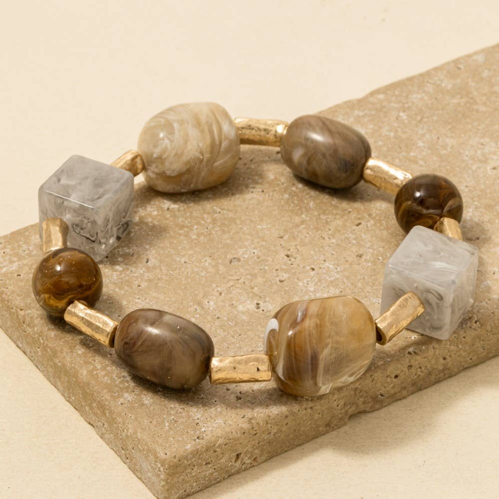 Acrylic Stones And Metallic Tube Beaded Bracelet - Brown