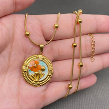 18K Golden SS Dried Flower Round Charm Necklace