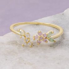 Cz Dual Flower Cluster Open Cuff Ring Gold