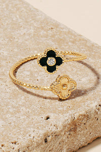 Double Clover Cz Metallic Open Band Ring - Gold/White