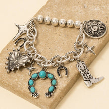 Turquoise Studded Western Charm Chain Bracelet - Silver