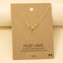 Gold Dipped Textured Ribbon Bow Pendant Chain Necklace - Gold