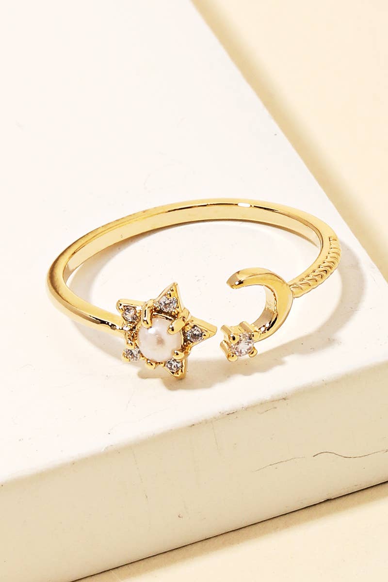 Star And Crescent Stud Open Band Ring - Gold