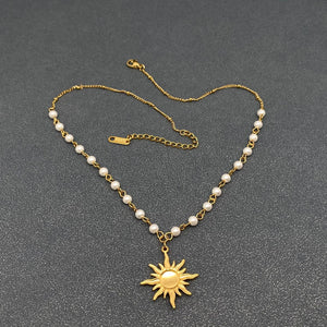 18K Gold Plated SS Sun Charm Pearl Chain Necklace
