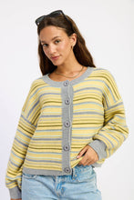 BUTTON UP ROUND NECK CARDIGAN: LEMON GREY MULTI