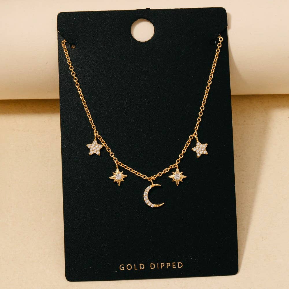 Gold Dipped Cz Pave Star And Moon Charms Chain Necklace - Gold