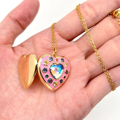 Enamel Pink Heart-shaped Locket Pendant Necklace