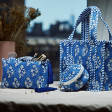 Blue Quilted Floral Cosmetic Pouch | Zipper Makeup Bag with Tassel - Blue