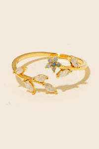 Cubic Zirconia Flower And Leaves Open Band Ring - Gold