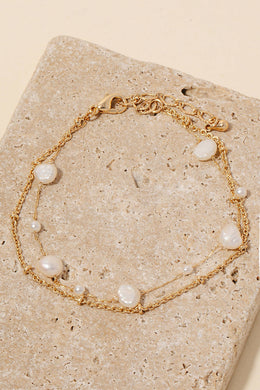Pearl Station Beaded Layered Chain Bracelet - Gold/Cream