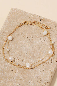 Pearl Station Beaded Layered Chain Bracelet - Gold/Cream