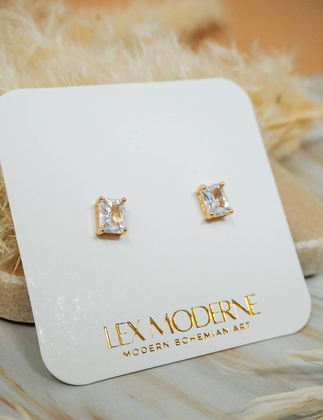 Gold Plated Cubic Zirconia Rectangle Large Studs