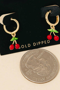 Gold Dipped Epoxy Cherry Charms Hoop Earrings