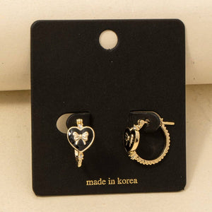 Gold Dipped Enamel Ribbon Bow Heart Hoop Earrings - Black