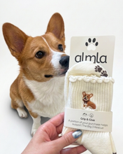 Corgi Embroidered Pilates Socks Brown Paw Grips