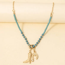 Western Cowboy Boot And Horseshoe Charms Chain Necklace - Turquoise
