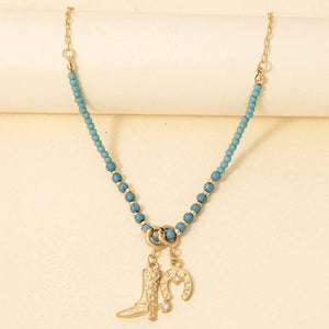 Western Cowboy Boot And Horseshoe Charms Chain Necklace - Turquoise