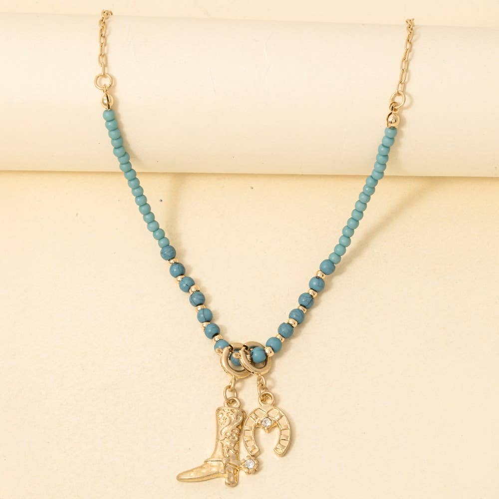 Western Cowboy Boot And Horseshoe Charms Chain Necklace - Turquoise