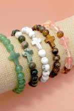 Boho Natural Stone Cross Charm Beaded Bracelet - African Turq
