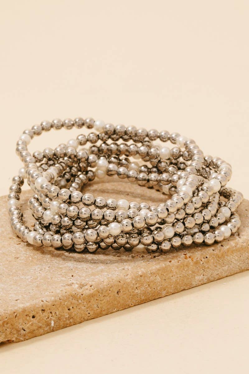 Layered Pearl And Metallic Beaded Bracelet Set - Silver